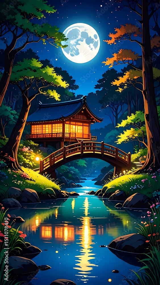 Fototapeta premium Peaceful pagoda reflects in still waters under a full moon in serene nighttime forest landscape.