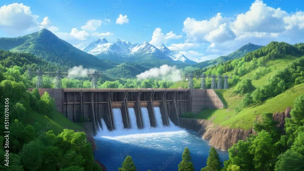 Majestic Hydroelectric Dam Surrounded by Lush Green Mountains and Clear Blue Sky in a Vibrant Landscape Majestic Hydroelectric Dam Surrounded by Lush Green Mountains and Clear Blue Sky in a Vibrant Landscape