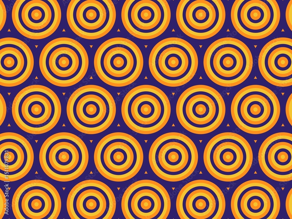 Fototapeta premium Seamless pattern of concentric circles in vibrant orange and yellow hues on a deep purple background, ideal for textile or web design.