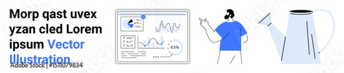 Analytics dashboard and charts, man gesturing, watering can, placeholder text panel. Ideal for data presentation, business growth, UX design, education, analytics content creation simple landing