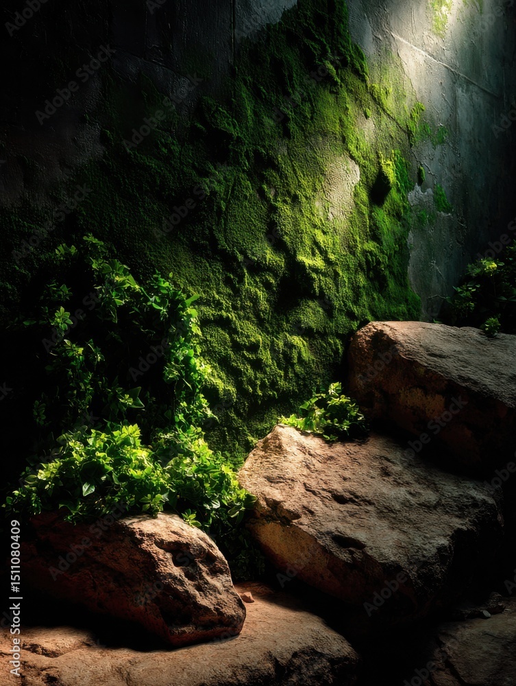 Moss-covered wall texture with subtle lighting Moss-covered wall texture with subtle lighting