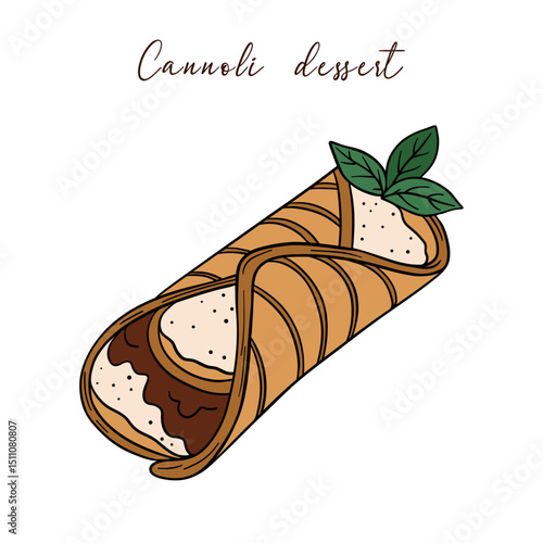 Delicious cannoli dessert with filling cream, chocolate and  ricotta cheese and  mint garnish. Sweet treat goods bakery culinary and super tasty. Baked snack outline art