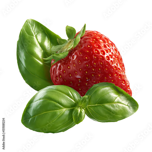 Juicy strawberry with fresh basil leaves – vibrant food photography PNG isolated on transparent background