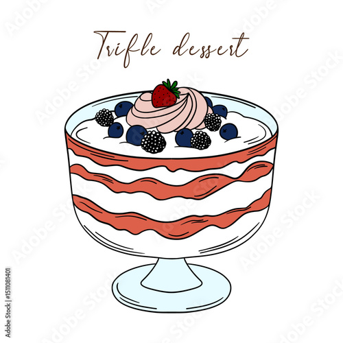 Tasty trifle dessert sweet treat layered dessert with fruits, berries whipped cream confectionery. Delicious parfait outline art