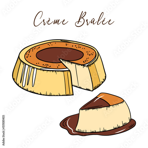 Delicious cream brûlée dessert with caramel with piece of it. Sweet treat goods bakery culinary and super tasty. Baked snack outline art