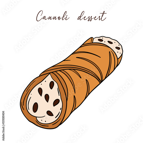 Delicious cannoli dessert with filling cream, chocolate and ricotta cheese. Sweet treat goods bakery culinary and super tasty. Baked snack outline art