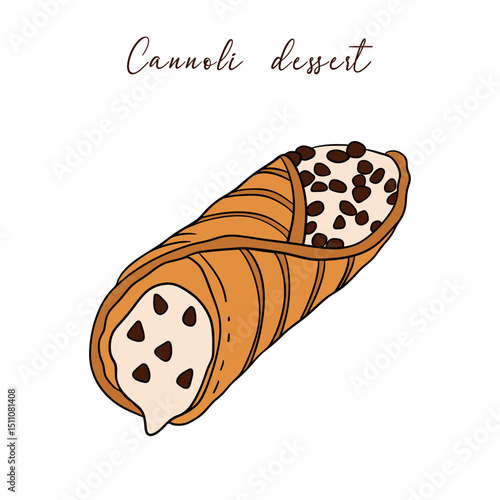 Delicious cannoli dessert with filling cream, chocolate and ricotta cheese. Sweet treat goods bakery culinary and super tasty. Baked snack outline art