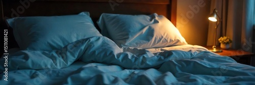 Close-up of a tossed and turned bed, sheets in disarray, a bedside lamp casting a dim light on the empty pillows, suggesting a restless night and sleepless anxiety , darkness, lamp