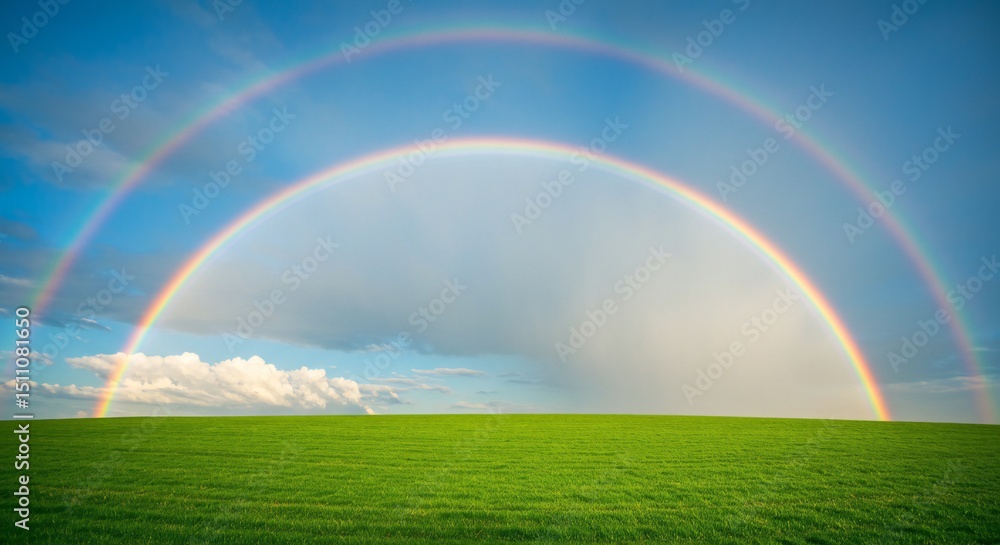 Double rainbow over a lush green field under a clear blue sky, soft fluffy clouds, vibrant colors, bright sunlight, serene mood. Double rainbow over a lush green field under a clear blue sky, soft fluffy clouds, vibrant colors, bright sunlight, serene mood.