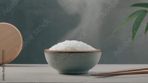 Bowl of Steamed White Rice on Wooden Table Surrounded by Elegant Decor Elements in a Minimalist Setting