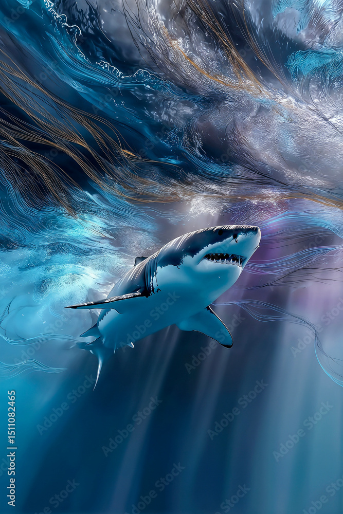 Naklejka premium Majestic Shark Gliding Through Abstract Ocean Currents
