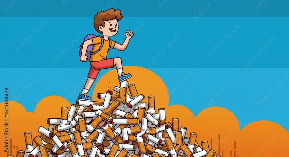 Naklejka premium A young boy with a backpack climbs a large pile of cigarette butts under a colorful sky