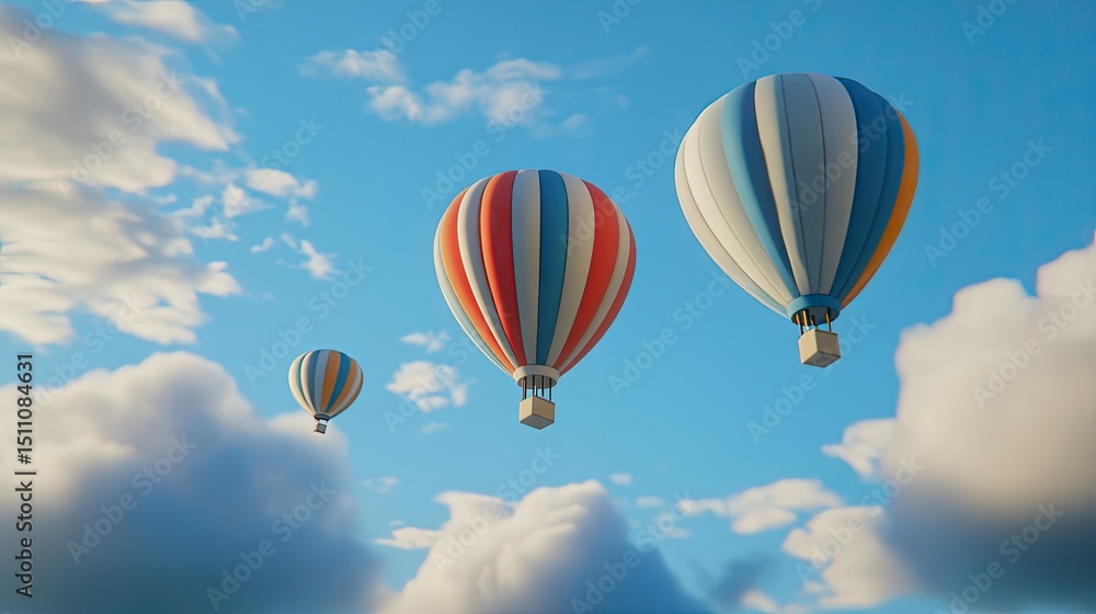 Fototapeta premium Colorful hot air balloons float in a clear sky filled with fluffy clouds.