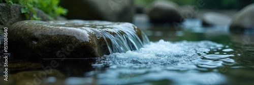 Close-up shot of water flowing over smooth stones, creating a gentle, soothing sound Perfect for relaxation, nature, and spa themes The image evokes tranquility and serenity , calm, liquid, gurgling