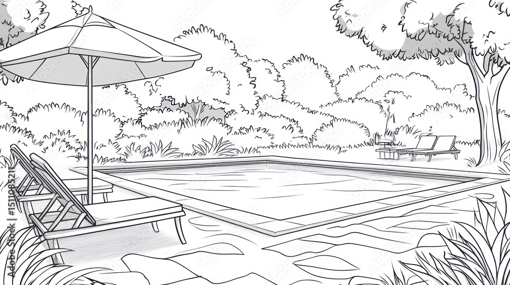 Obraz premium Outdoor pool scene sketch (1)