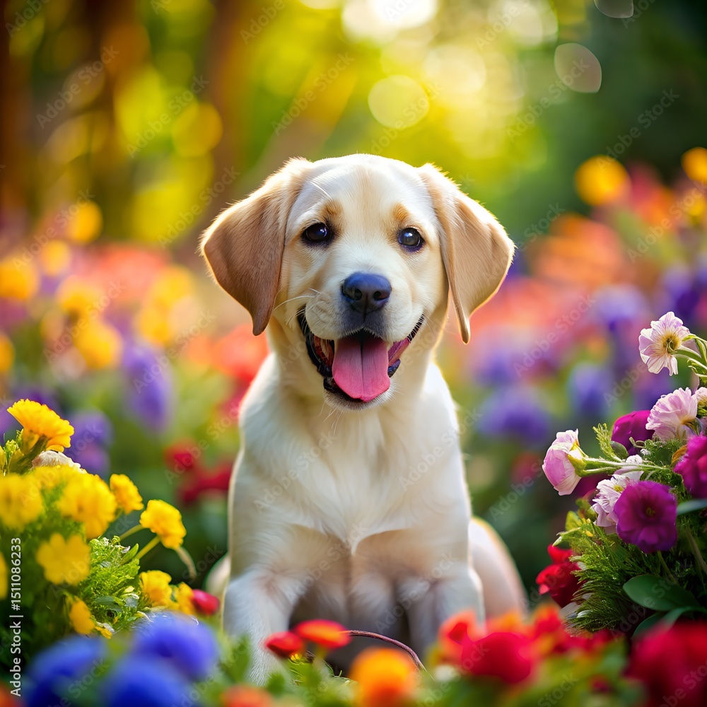 smiling labrador puppy in flower garden smiling labrador puppy in flower garden