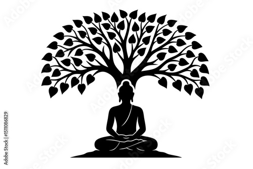 Buddha meditating under Bodhi tree — silhouette icon, transparent background PNG or SVG

