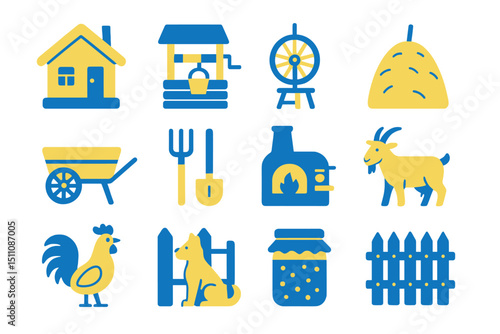 Rustic farming icons: house, well, animals, tools, wheelbarrow, fire stove
