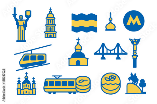 Kiev icons: landmarks, architecture, transport, and culture symbols
