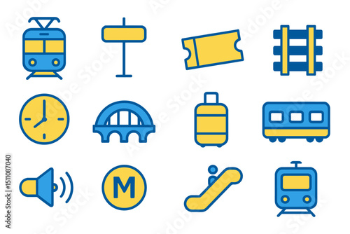 Blue and yellow transportation icons for travel and commuting