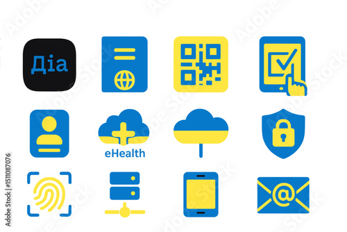 Bright neon icons for technology and communication interface design