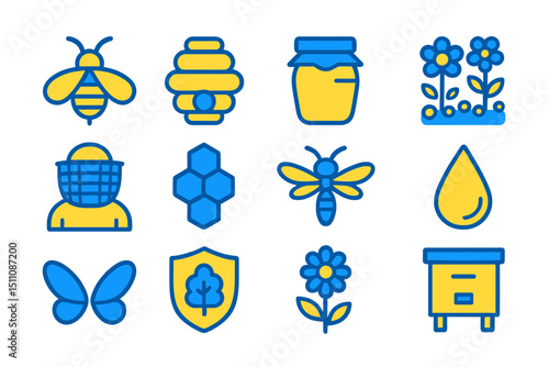 Colorful beekeeping icons including honey jar, beehive, bees, and flowers