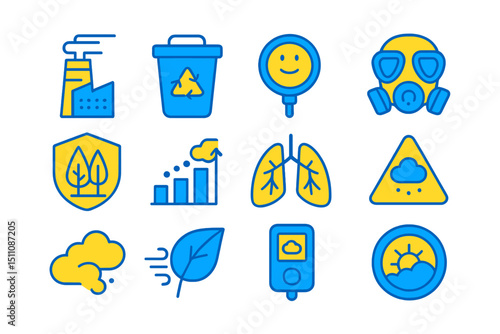 Environmental icons: pollution, recycling, gas mask, sustainability symbols