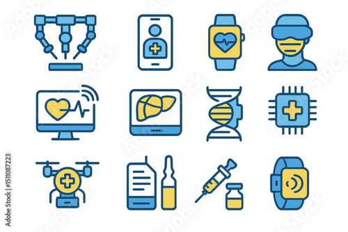Medical technology icons: robotics, wearables, ai, and virtual reality