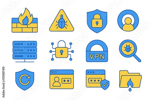 Cybersecurity icons: firewall, vpn, lock, bug, shield for secure online protection