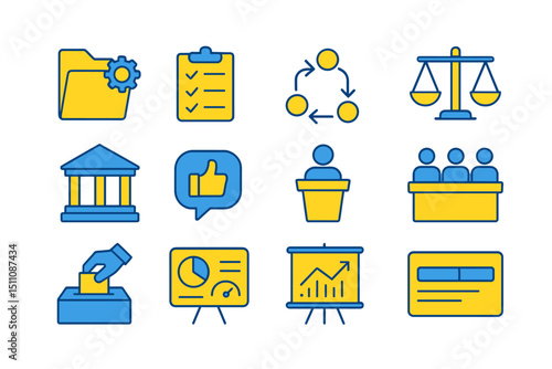 Icons representing legal, voting, and business concepts on abstract background