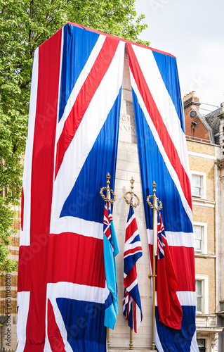 Cenotaph, VE Day WWII Commemoration, National Memorial, Union Jack, Union Flag, British Identity, Whitehall, Westminster, Central London, England, United Kingdom, Great Britain