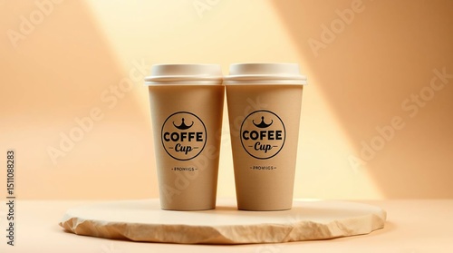 Two beige coffee cups with lids on a light beige surface, featuring a simple logo