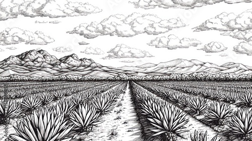 A black and white landscape of agave plants