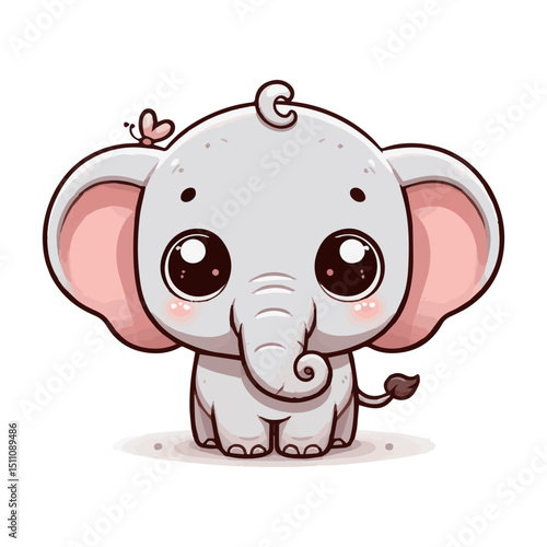 A postcard with a cartoon baby elephant. A color illustration on a white isolated background. Vector graphics. EPS.