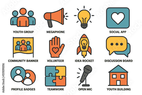 Colorful community icons depicting social interaction and innovation