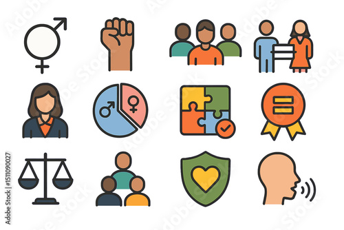 Gender equality icons set featuring diverse, inclusive symbols