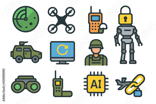 Military tech icons: radar, drone, communication, ai, robot, security, surveillance