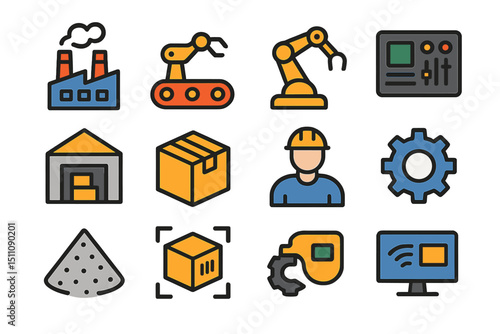 Industrial icons set featuring robots factory warehouse and worker