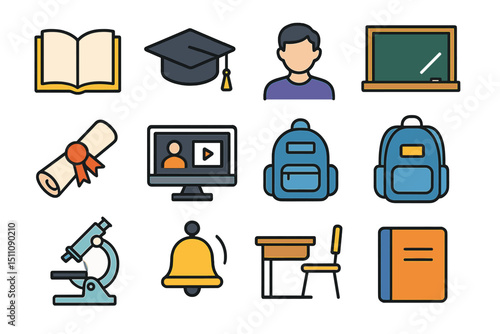 Educational icons: books, backpack, microscope, diploma, computer, classroom