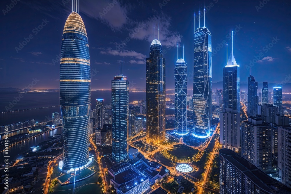 Obraz premium Urban Connectivity with Skyscrapers and Advanced Wireless Networks in a Lively Nightscape