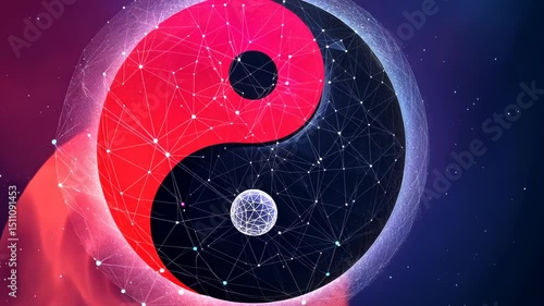 Abstract Yin Yang Symbol with Red and Black Nodes on Purple Gradient Background Representing Duality and Balance in a Digital Style with White Line Connections for Adobe Stock
