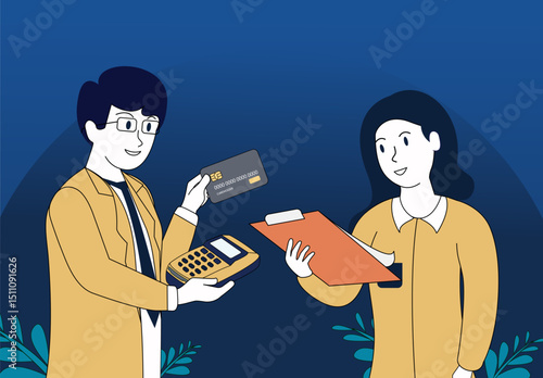 A bank employee brings a credit card payment terminal and checks the transaction data transmission.
