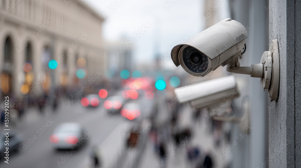 CCTV cameras placed against defocused urban buildings Abstract background highlights surveillance presence CCTV cameras placed against defocused urban buildings Abstract background highlights surveillance presence