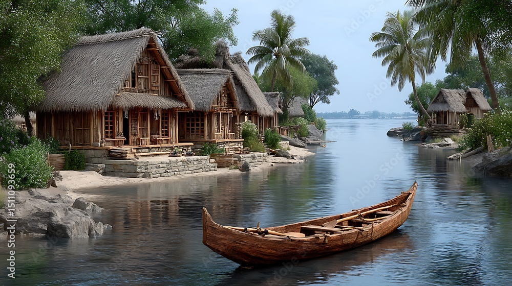 Obraz premium Authentic wooden houses along calm river high resolution photo