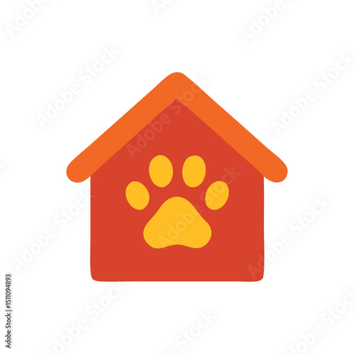 Animal shelter icon red dog house with a yellow paw print, perfect for pet shelter adverts, veterinary clinic promotions, or pet care social media posts.