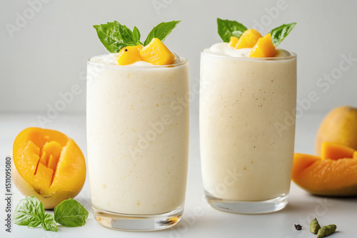 Two refreshing mango smoothies are presented in clear glasses, topped with fresh mint and mango chunks, showcasing a vibrant and creamy texture