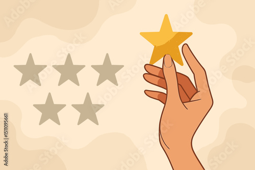 Golden Star Rating. Hand selecting the fifth star for excellence. Customer review, feedback, and satisfaction. Quality service, best choice, product evaluation. Success and achievement concept.