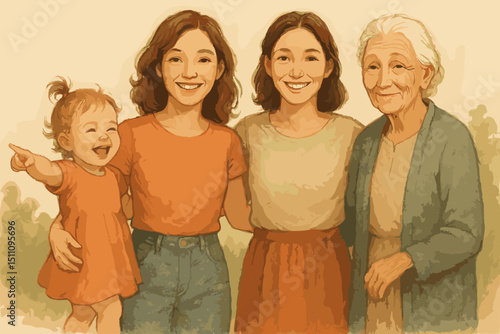 Generational bonds: four smiling women, toddler to great-grandmother. Family portrait illustration showcasing lineage, love, connection, heritage. Happy family, timeless connection.