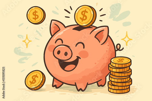 Joyful piggy bank cartoon illustration with gold dollar coins. Concept of saving money, personal finance, investment, wealth building, and financial literacy for kids. Cute pig character.