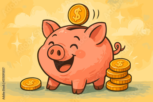 Joyful piggy bank saving money concept. Gold coins, dollar sign. Cute cartoon pig character for finance, investment, wealth, budget. Financial literacy for kids. Pink, happy, retro illustration.